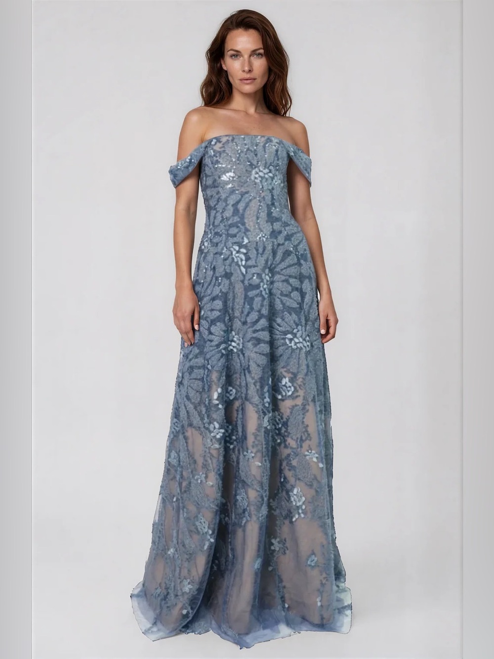 Rene Ruiz Off-Shoulder Dusty Blue Floral Embroidered Lace A-Line Gown